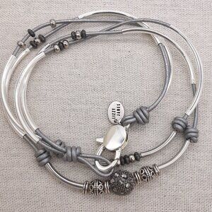 Lizzy James Silver & Platinum Gray Leather Wrap Bracelet